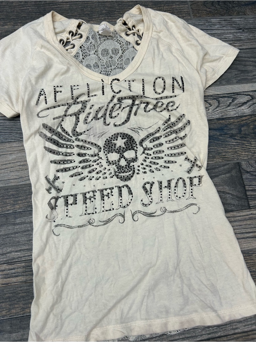 Affliction Y2K Ride Free Speed Shop Rhinestone Skull Lace Corset Top Size Small - Picture 3 of 5